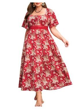 Plus Size Boho Floral Maxi Dress Off Shoulder Square Neck Smocked